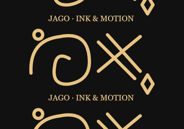 Gold lettering and marks arranged in a continuous scrolling strip in motion