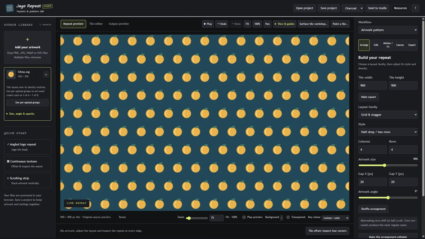 Citrus artwork arranged as a staggered repeat in Jago Repeat