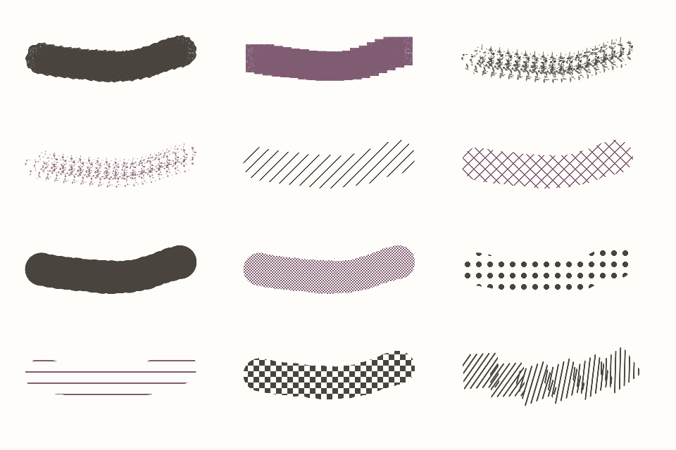 Rows of varied textured brush strokes made in Wobble in motion