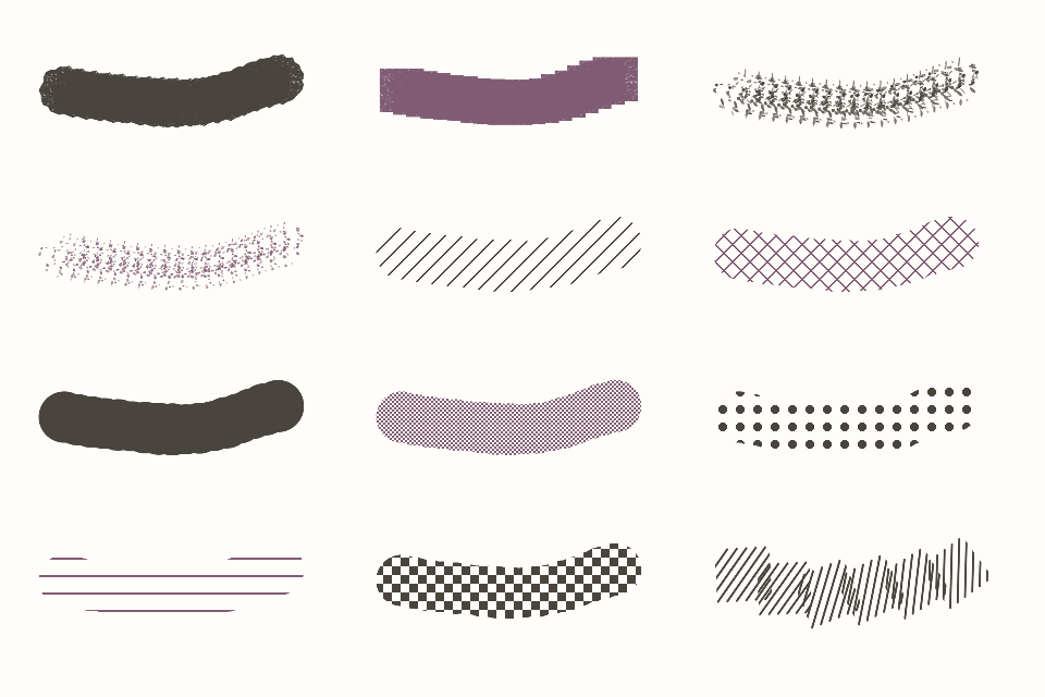 Rows of varied textured brush strokes made in Wobble